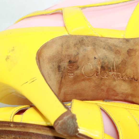 Cole Haan Yellow Leather Peep Toe High Heel Ankle Strap Air Sole Sandals 9.5 B - Picture 7 of 8